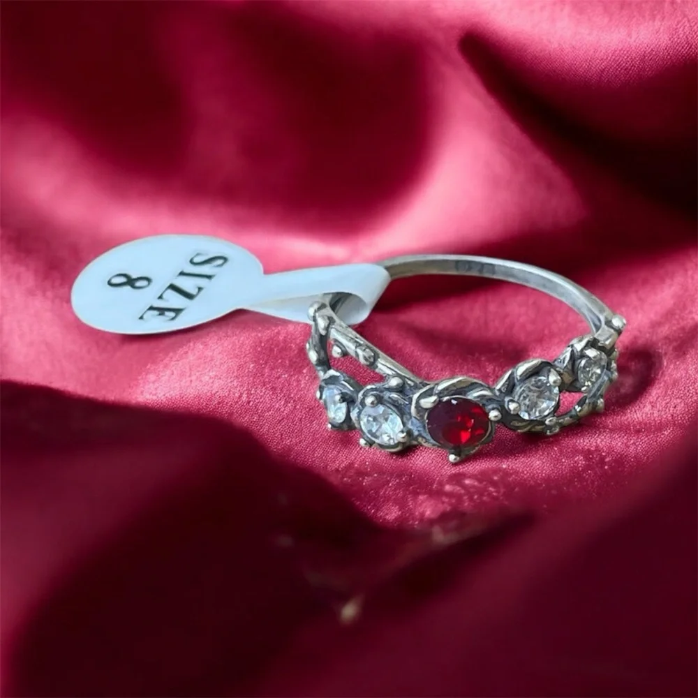 925 Sterling Silver Ring with Red and Clear Zircon Stones Size 8
